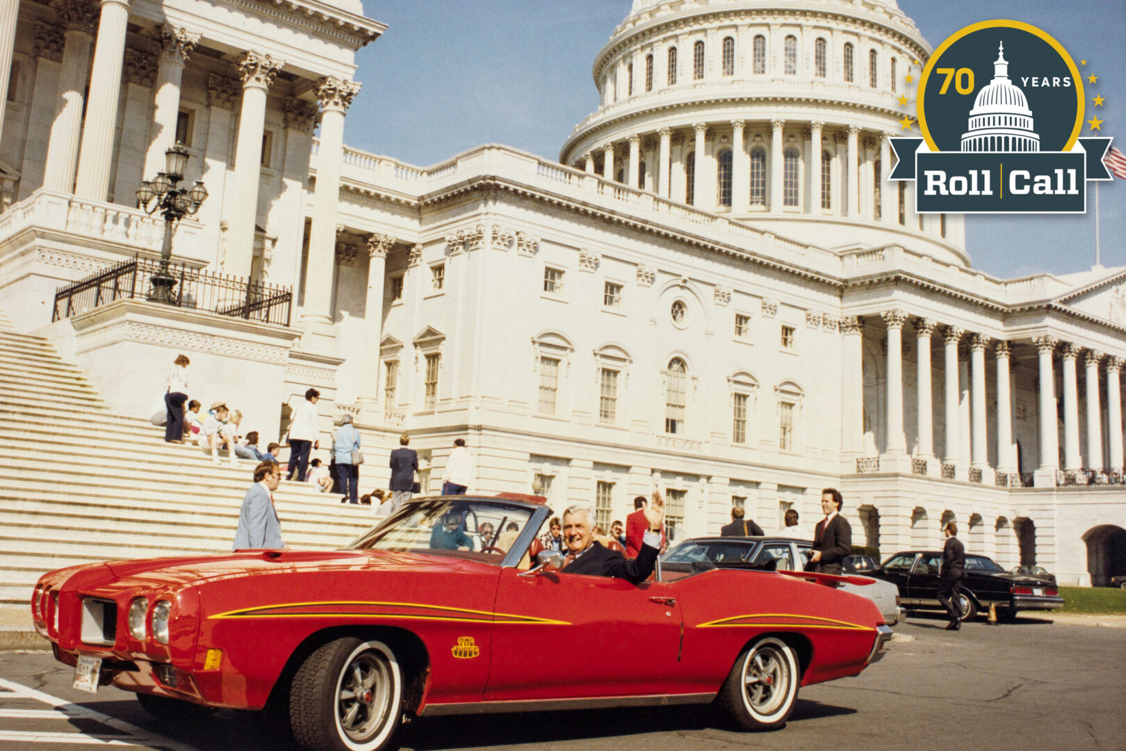 Massachusetts Rep. Silvio Conte sits in his red car named “The Judge” outside of the Capitol in 1989.