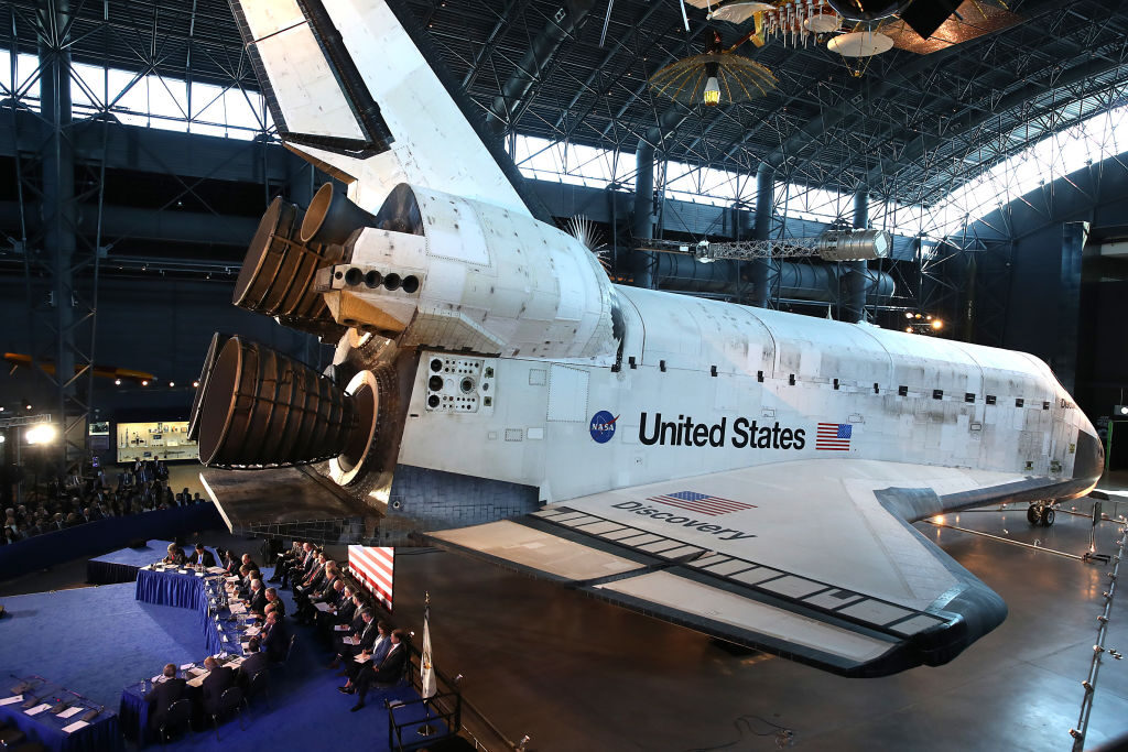 The Discovery shuttle is seen at the National Air and Space Museum Steven F. Udvar-Hazy Center on Aug. 20, 2019, in Chantilly, Va., during a meeting of the  National Space Council.