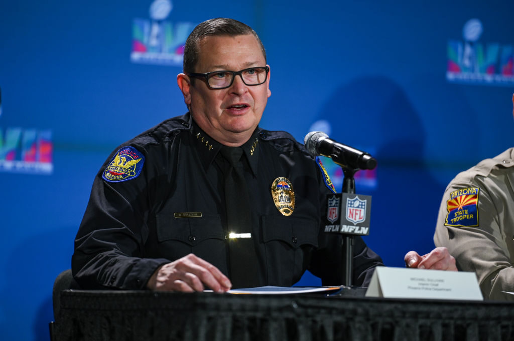 Michael Sullivan is a veteran of the Phoenix and Baltimore police departments. Above, he speaks at a public safety press conference ahead of  Super Bowl LVII in 2023 during his time with the Phoenix Police Department. 