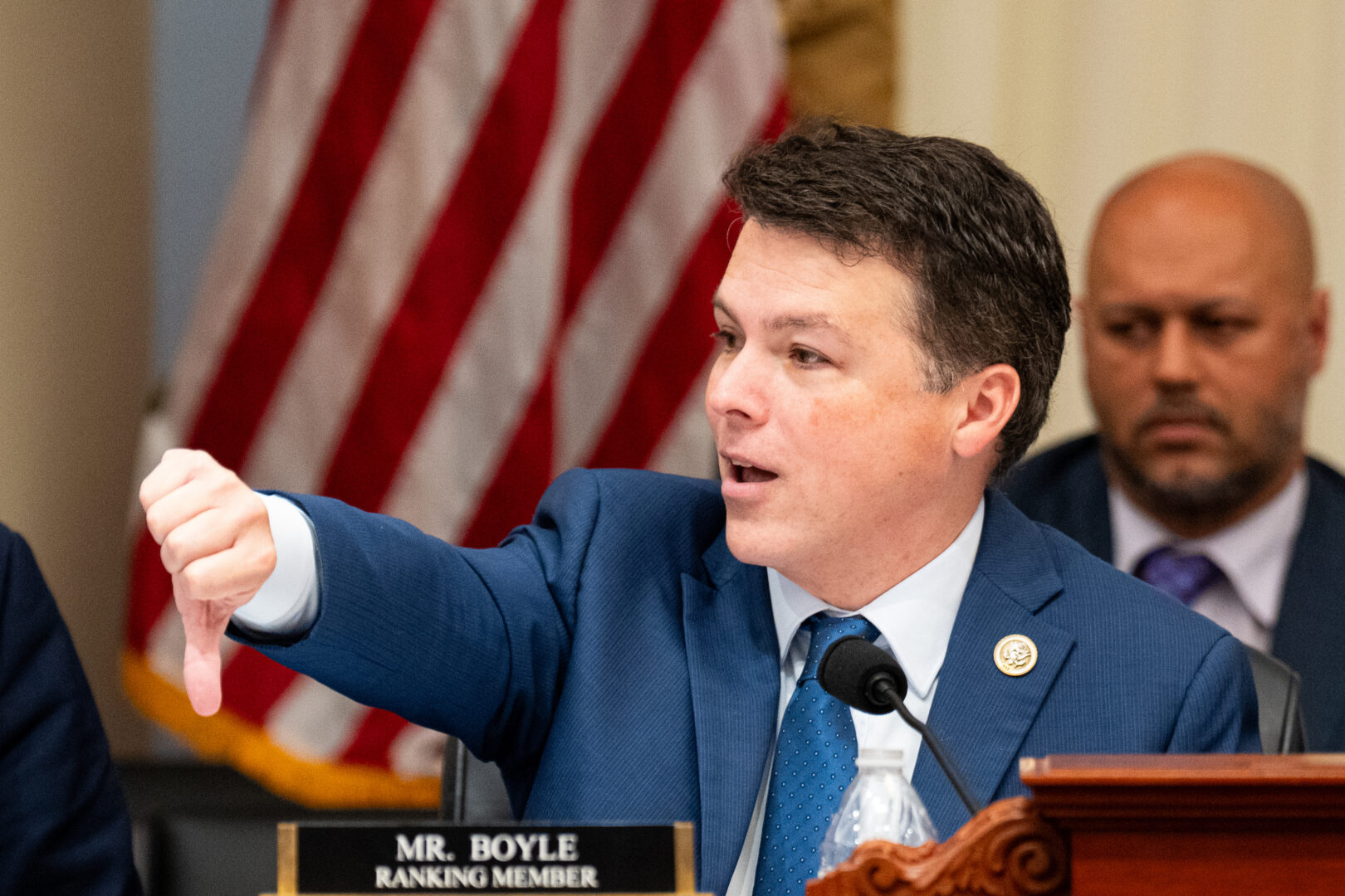 Ranking member Rep. Brendan F. Boyle, D-Pa., gives a thumbs down as he speaks during the House Budget Committee markup of the reconciliation bill in the Cannon House Office Building on Friday, May 16, 2025. 