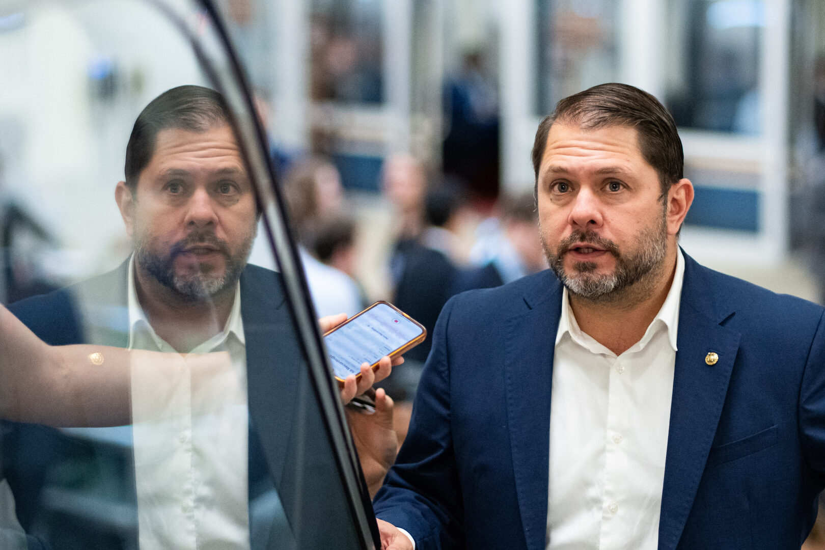 Sen. Ruben Gallego, D-Ariz., arrives for a vote in the Capitol on May 13.