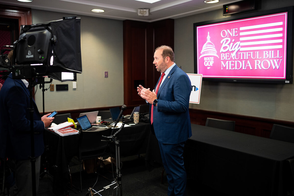 Ways and Means Chairman Jason Smith speaks to media outlets about the One Big Beautiful Bill Act during the House GOP’s One Big Beautiful Bill Act Media Row event in the U.S. Capitol basement on July 15. House Republicans are making a push to sell the bill to the American public.