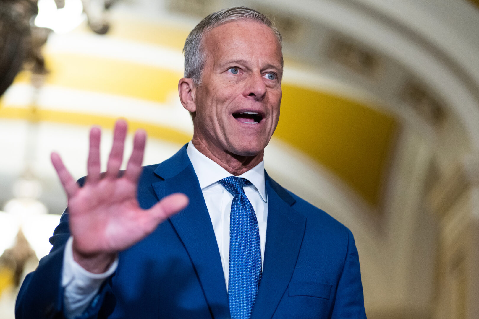Senate Majority Leader John Thune, seen in the Capitol on July 9, filed cloture Thursday on a motion to proceed to the House-passed Military Construction-VA spending bill. (Tom Williams/CQ Roll Call)