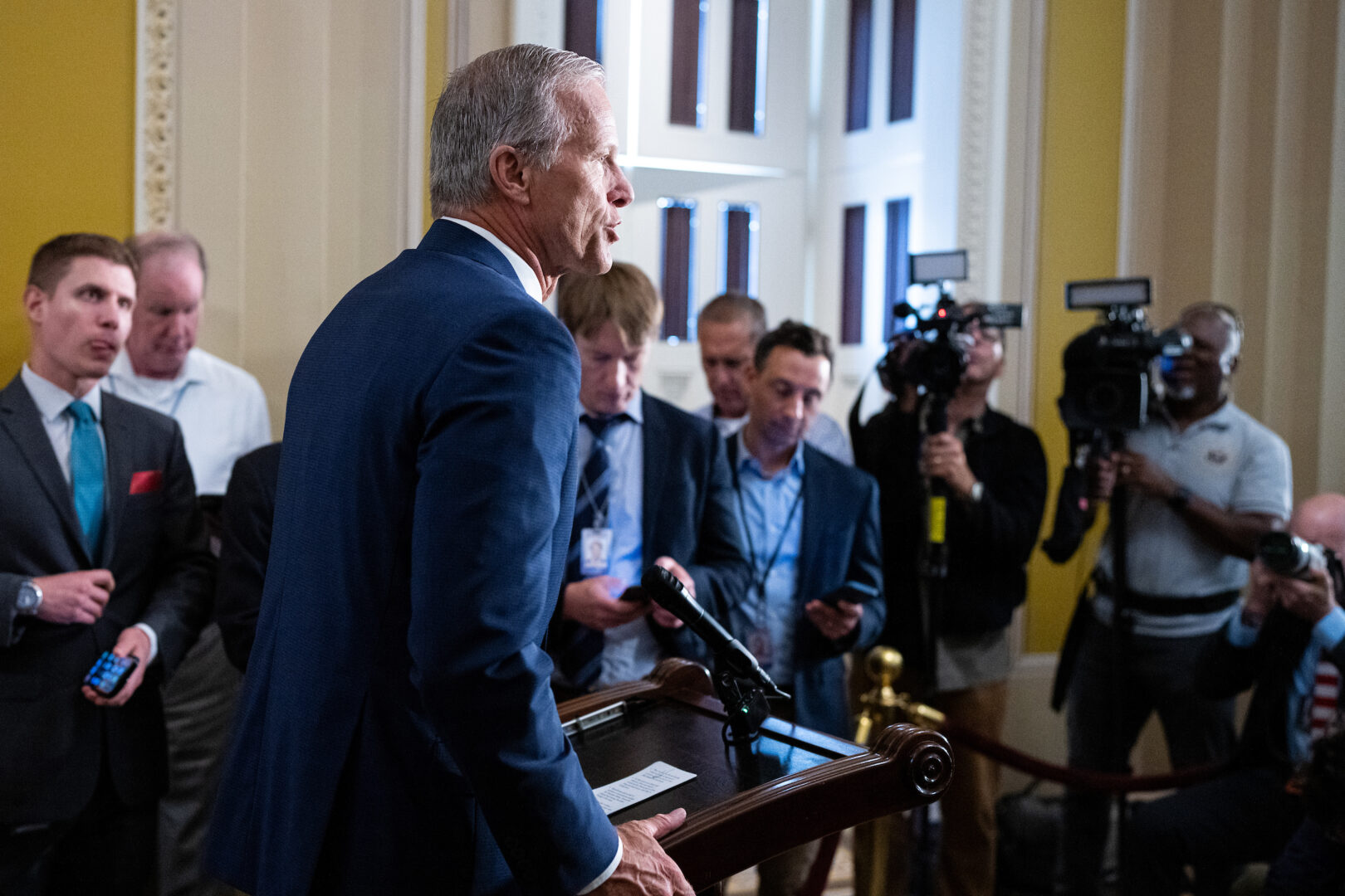 Senate Majority Leader John Thune speaks to reporters in the Capitol on Tuesday, July 29, 2025. 