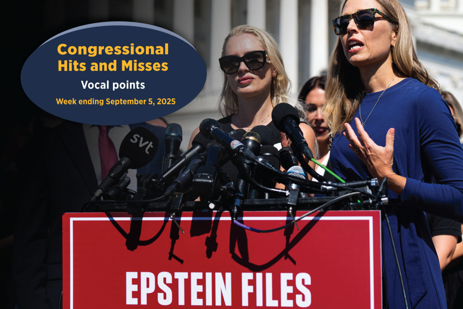 Anouska De Georgiou, center, and Annie Farmer appear with other Jeffrey Epstein abuse survivors during a news conference outside the Capitol on Wednesday.