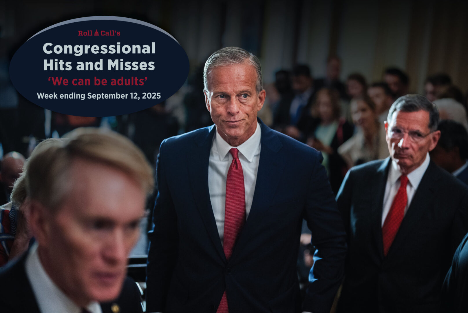 Senate Majority Leader John Thune, center, concludes a news conference with Sens. James Lankford, left, and John Barrasso in the Capitol on Tuesday.