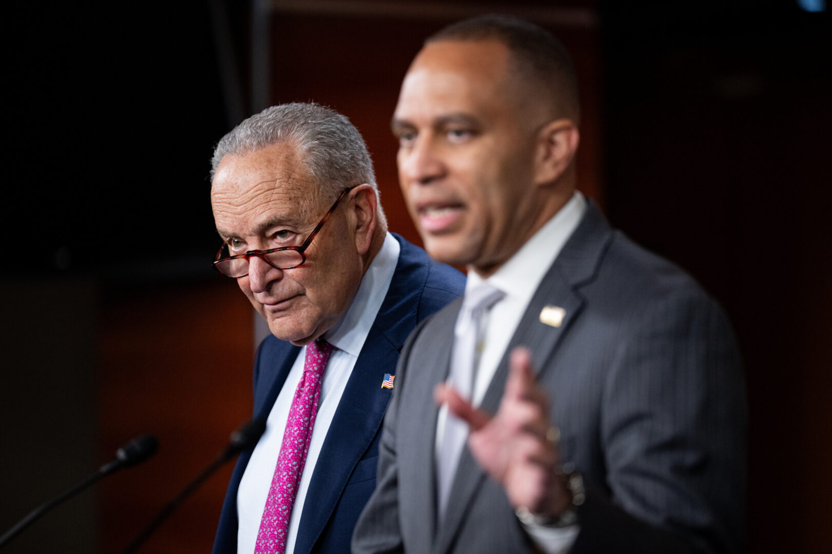 From left, Senate Minority Leader Chuck Schumer, D-N.Y.,and House Minority Leader Hakeem Jeffries, D-N.Y., hold a news conference in the U.S. Capitol on June 11, 2025.