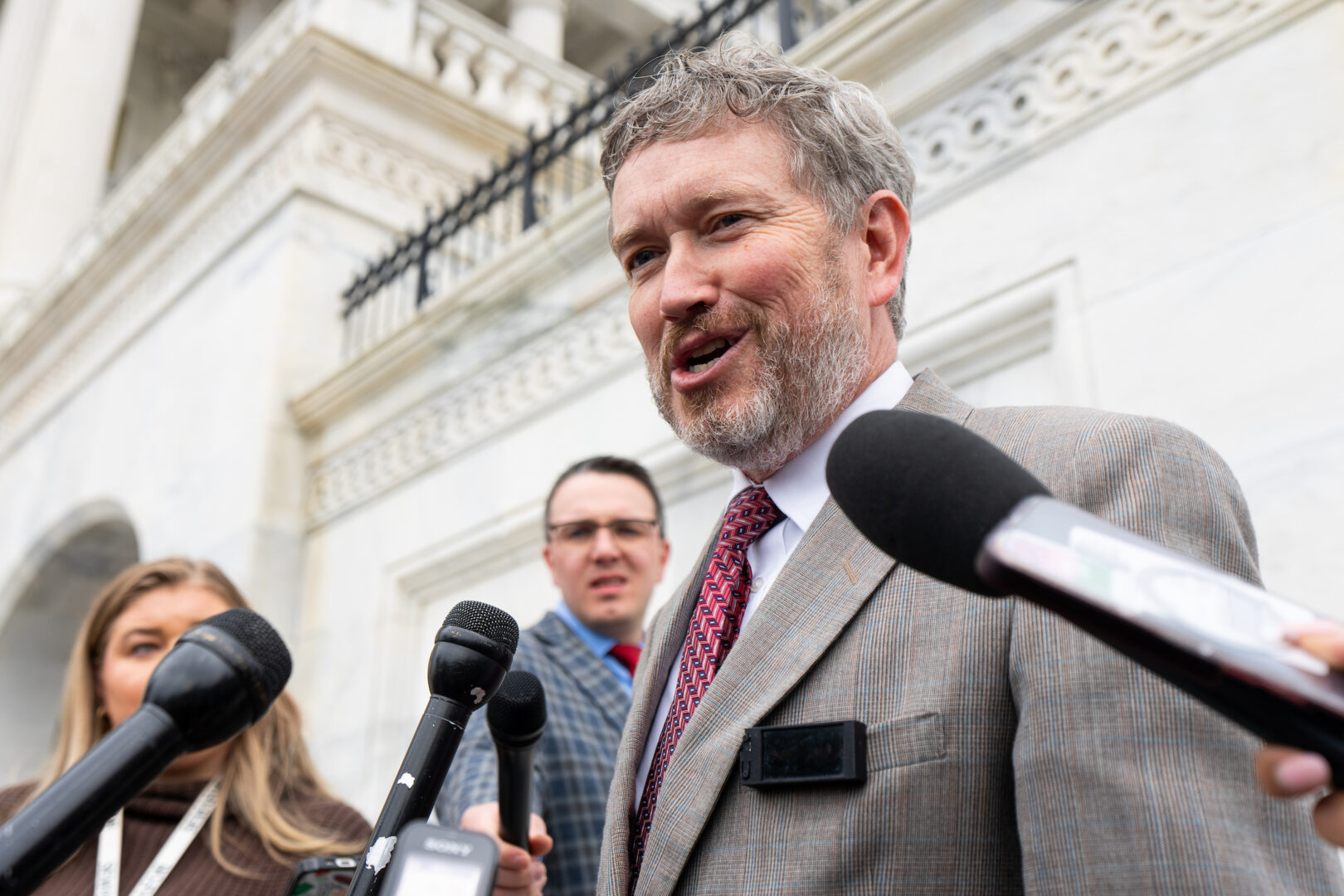 Rep. Thomas Massie, R-Ky., is resuming the Epstein drumbeat, filing a discharge petition as Congress returns to Washington after its August break. Above, Massie is seen talking with reporters earlier this year.