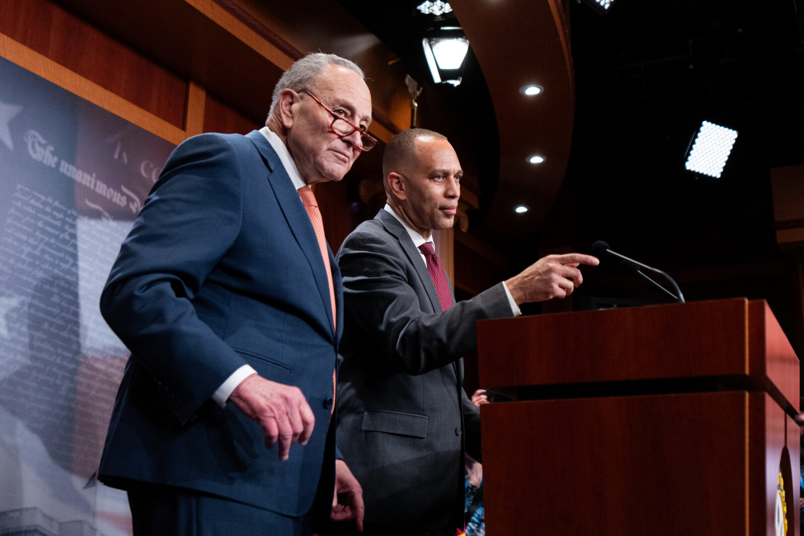 Senate Minority Leader Charles E. Schumer, D-N.Y., left, and House Minority Leader Hakeem Jeffries, D-N.Y., hold a media availability in the Capitol on Feb. 4. 