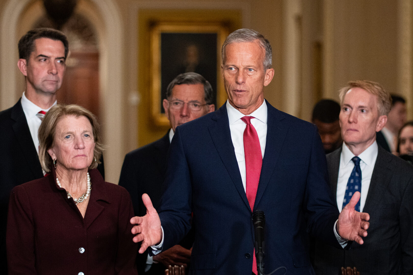 Senate Majority Leader John Thune holds a news conference following Senate Republicans’ lunch meeting in the Capitol on Tuesday. 