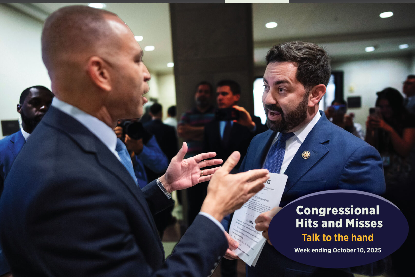 House Minority Leader Hakeem Jeffries , left, and fellow New Yorker, Republican Rep. Mike Lawler, confront each other about the government shutdown in this week's Congressional Hits and Misses.