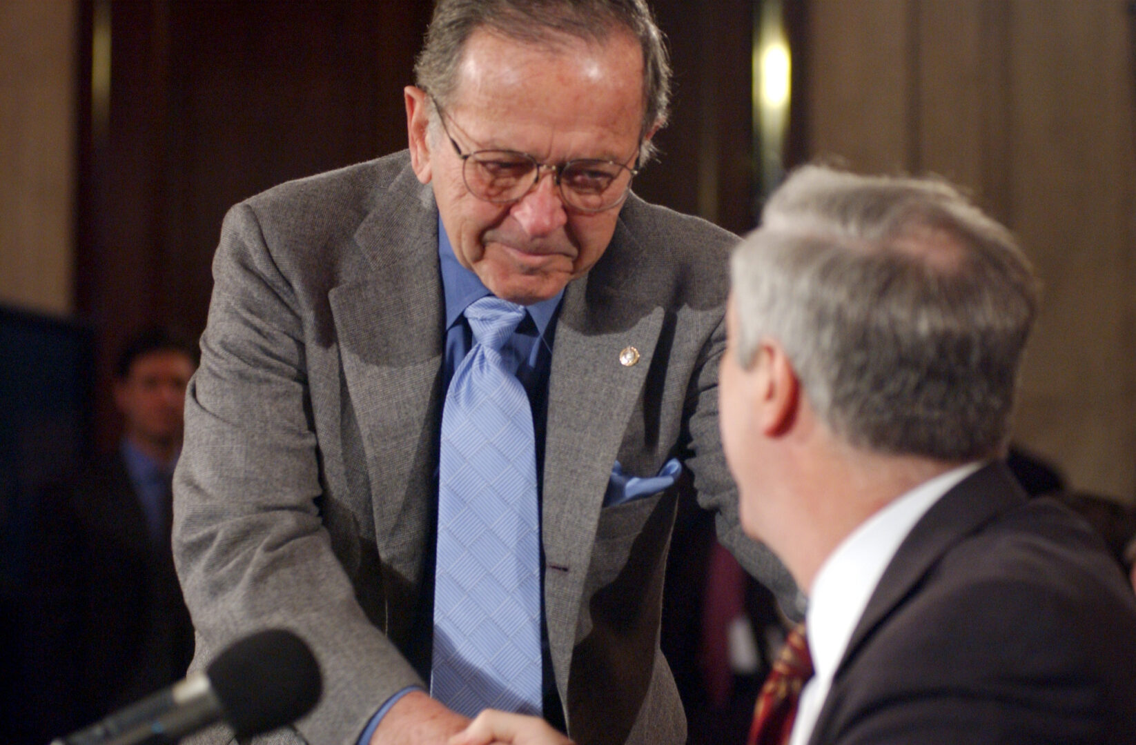 Late-Sen. Ted Stevens, R-Alaska, waged a battle for years to open the door to oil and gas drilling in the arctic refuge. He is seen in 2003 greeting the administrator of NASA, Sean O'Keefe, at a committee hearing on the space shuttle Columbia accident.