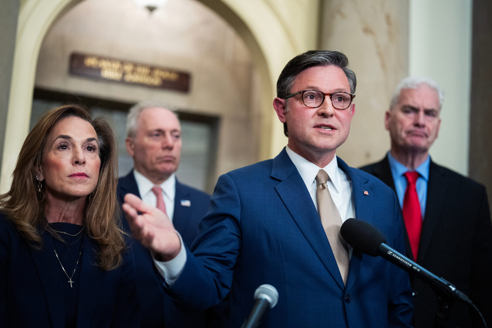 Speaker  Mike Johnson conducts a news conference about the government shutdown in the Capitol on Thursday. House Majority Whip Tom Emmer, right, House Majority Leader Steve Scalise and House Republican Conference Chair Lisa McClain are also pictured.