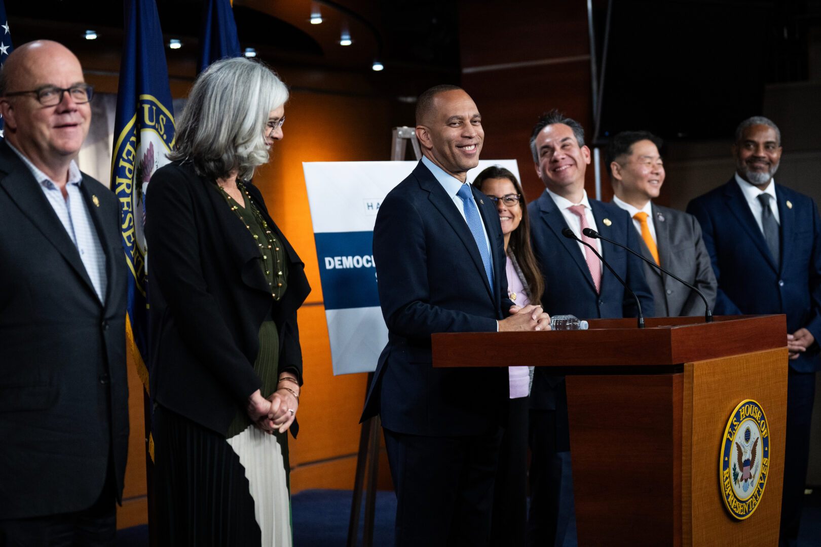 For House Minority Whip Katherine M. Clark, D-Mass., and her caucus, leverage is worth a lot, Winston writes. Above, Democratic leaders hold a news conference on Oct. 8. 