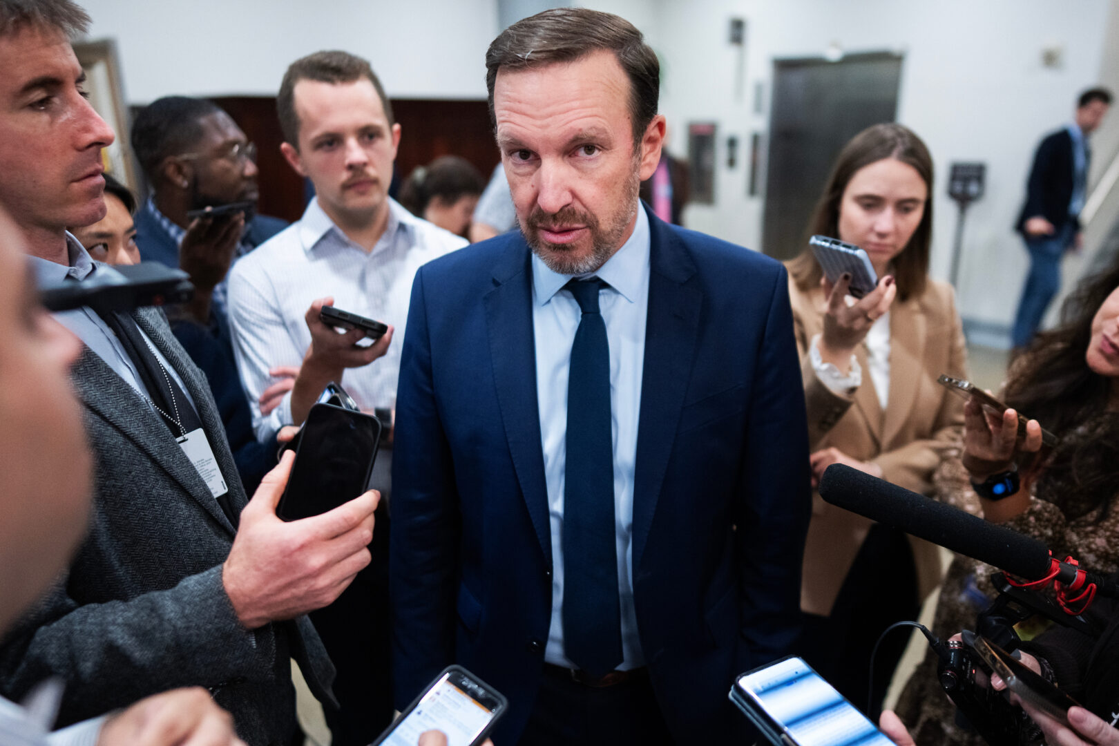 Sen. Chris Murphy, D-Conn., talks with reporters in the Capitol on Wednesday.
