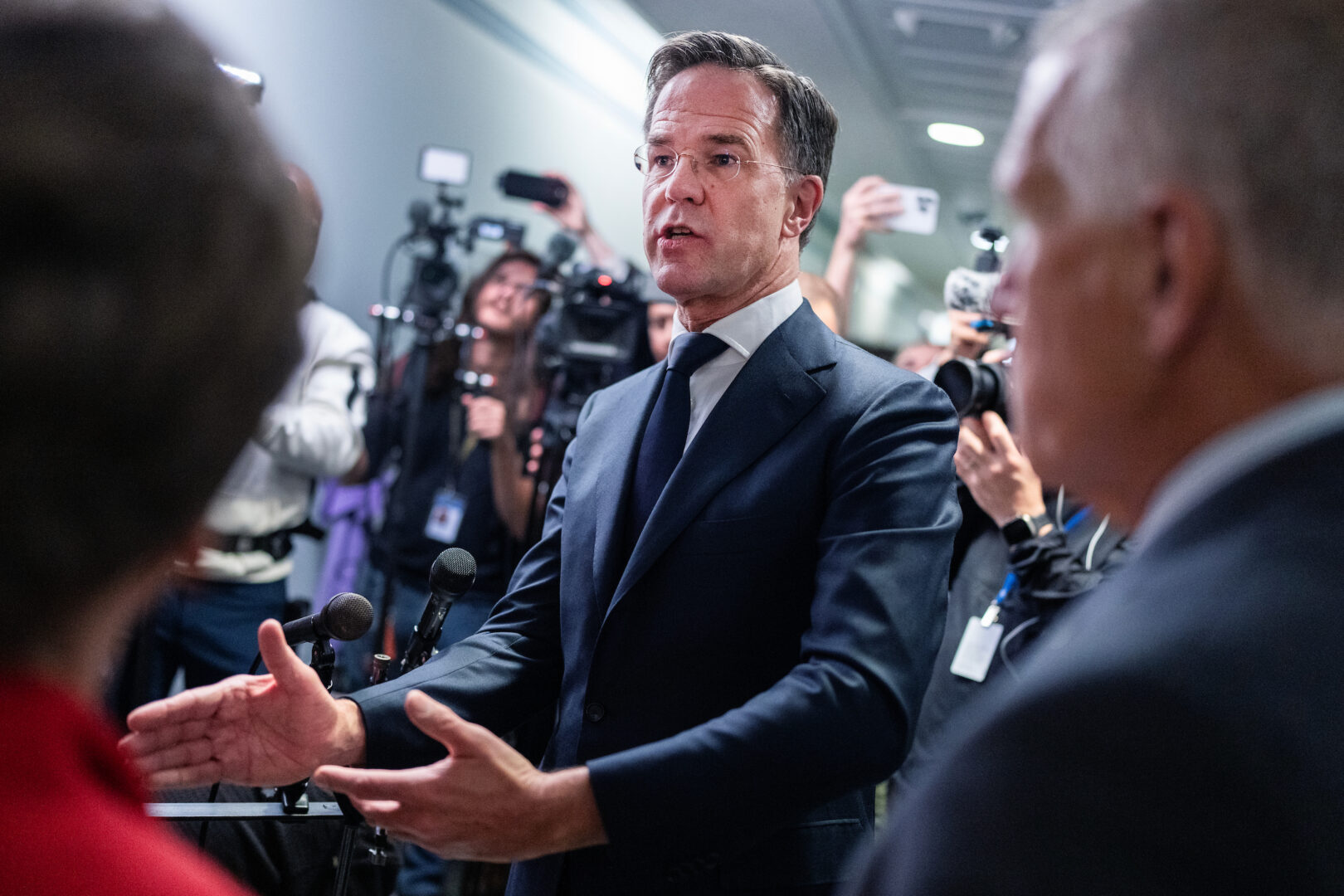 NATO Secretary General Mark Rutte conducts a news conference in Dirksen Senate Office Building with Sens. Thom Tillis, R-N.C., right, and Jeanne Shaheen, D-N.H., on the war between Ukraine and Russian on Wednesday.