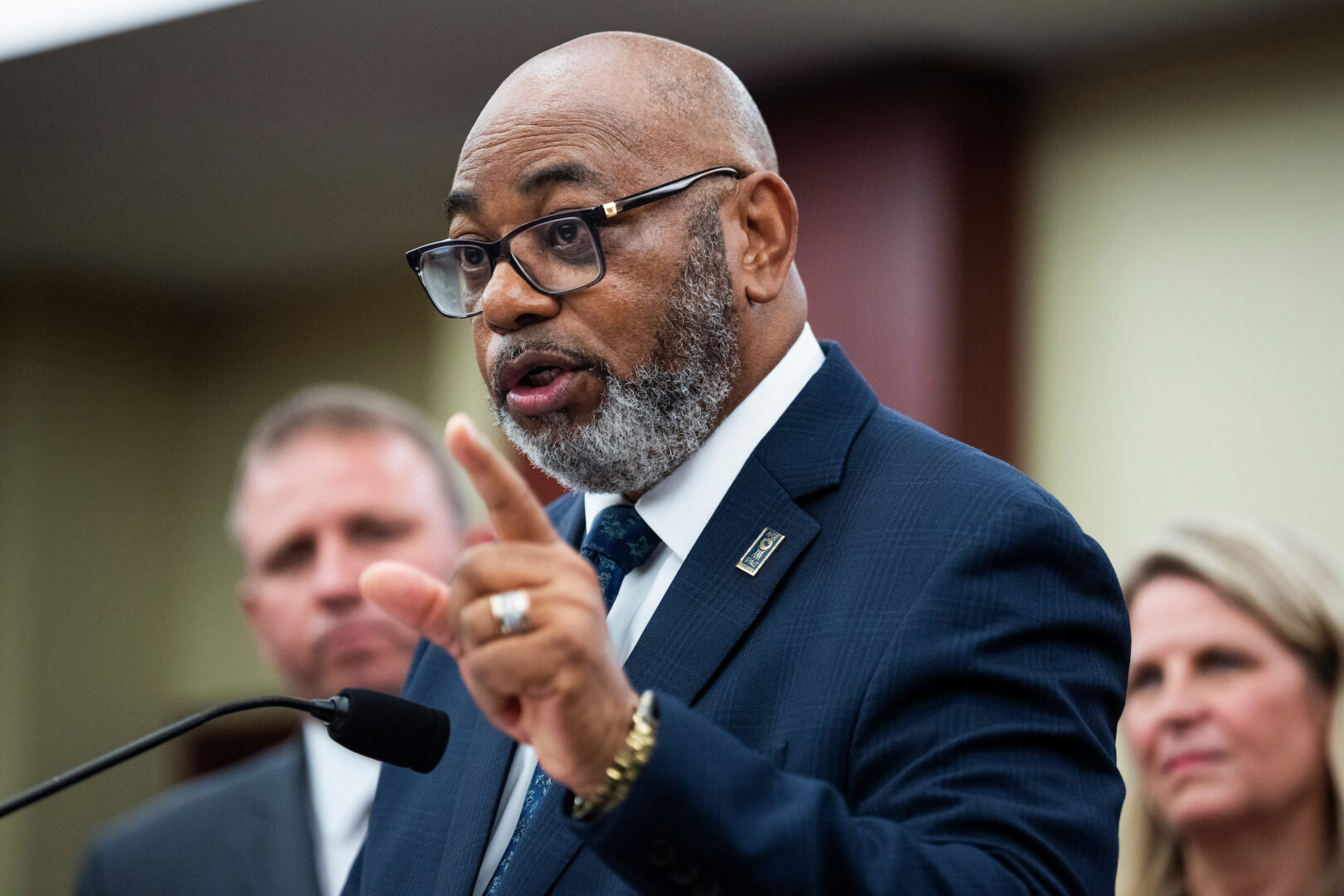 Everett Kelley, national president of the American Federation of Government Employees, conducts a news conference on July 17. 