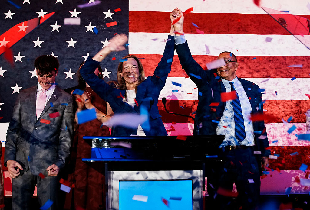 New Jersey Democratic gubernatorial candidate, Rep. Mikie Sherrill, D-N.J., celebrates with lieutenant gubernatorial candidate Dale Caldwell after their win during an election night watch party at the Hilton East Brunswick Hotel on Tuesday in East Brunswick,N.J.