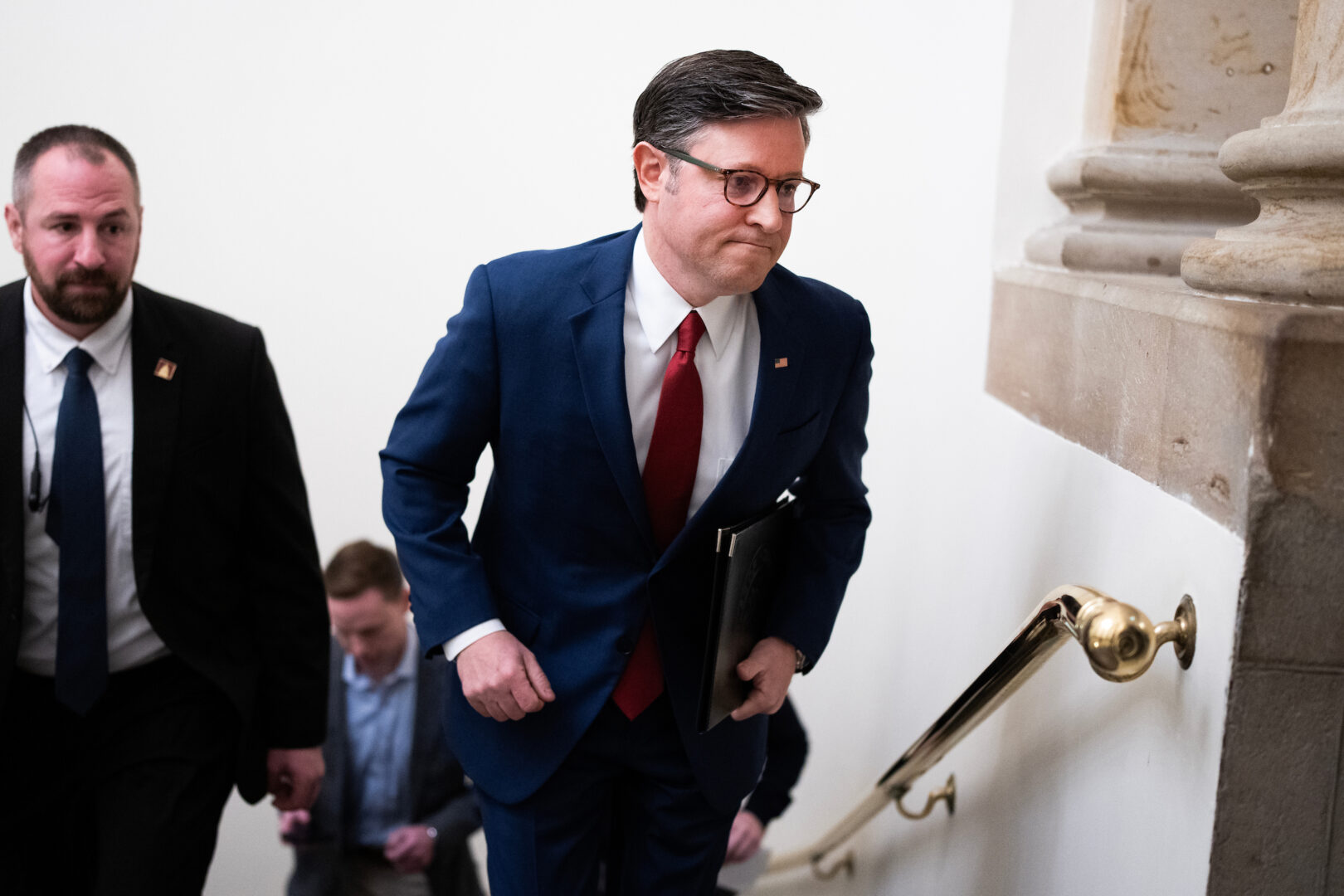 Speaker Mike Johnson, R-La., is seen in the Capitol Monday after briefing the media on a timeline to possibly end the government shutdown.