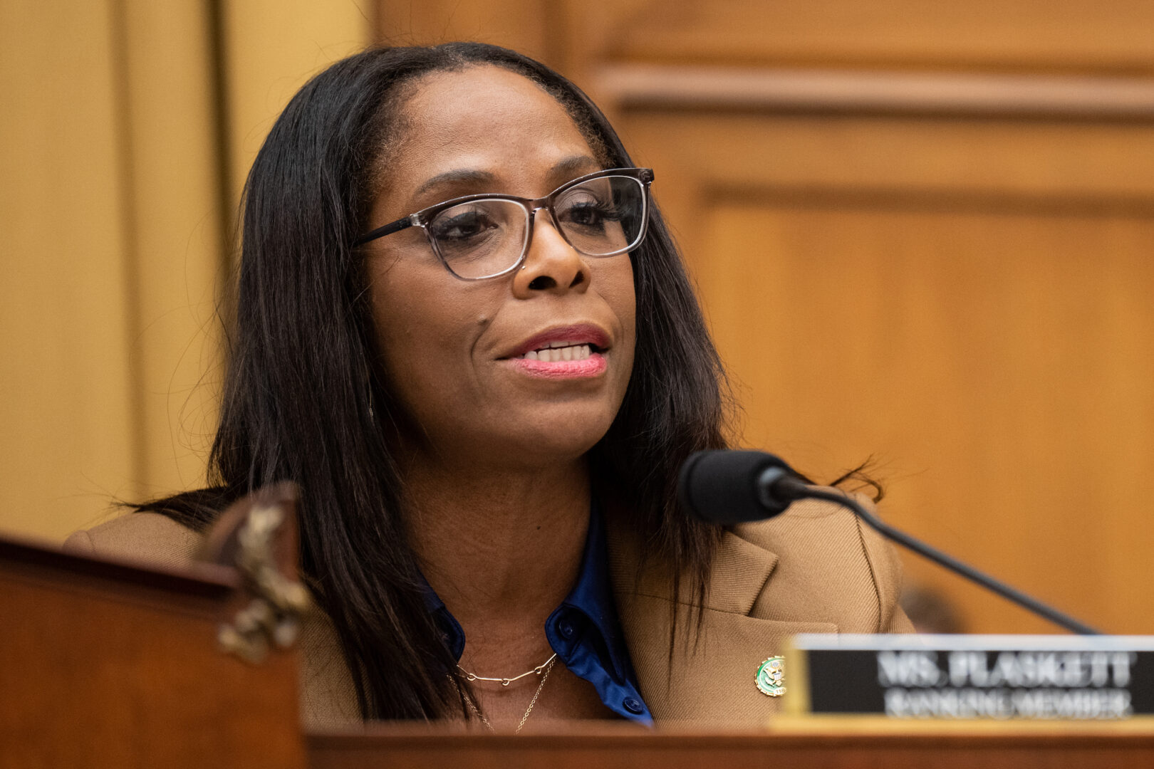 Del. Stacey Plaskett, seen here at a hearing in 2023, escaped a rebuke by the House on Tuesday night. 