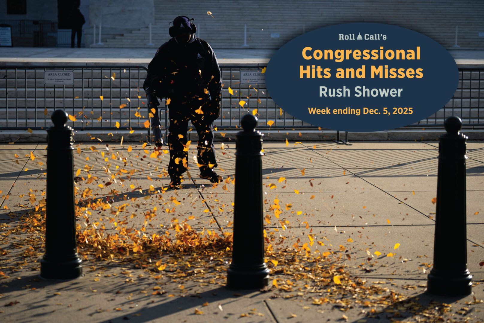 An Architect of the Capitol worker uses a leaf blower to clear leaves in front of the Supreme Court building on Monday.