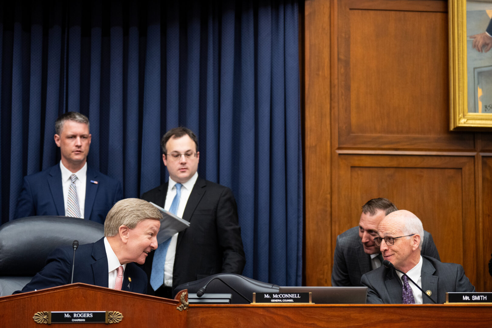 House Armed Services Chairman Mike D. Rogers, R-Ala., left, speaks with ranking member Adam Smith, D-Wash., before a markup on April 29.
