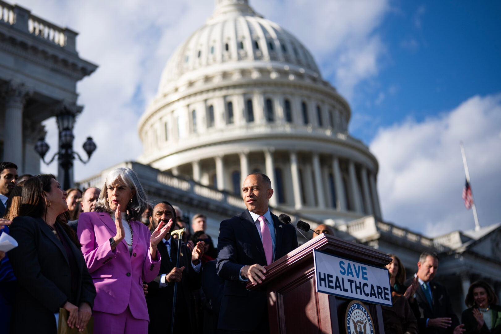 House Minority Leader Hakeem Jeffries, D-N.Y., holds a rally with House Democrats on Nov. 12 to oppose a Senate-passed spending bill because it would not extend the Affordable Care Act tax credits. (Tom Williams/CQ Roll Call)