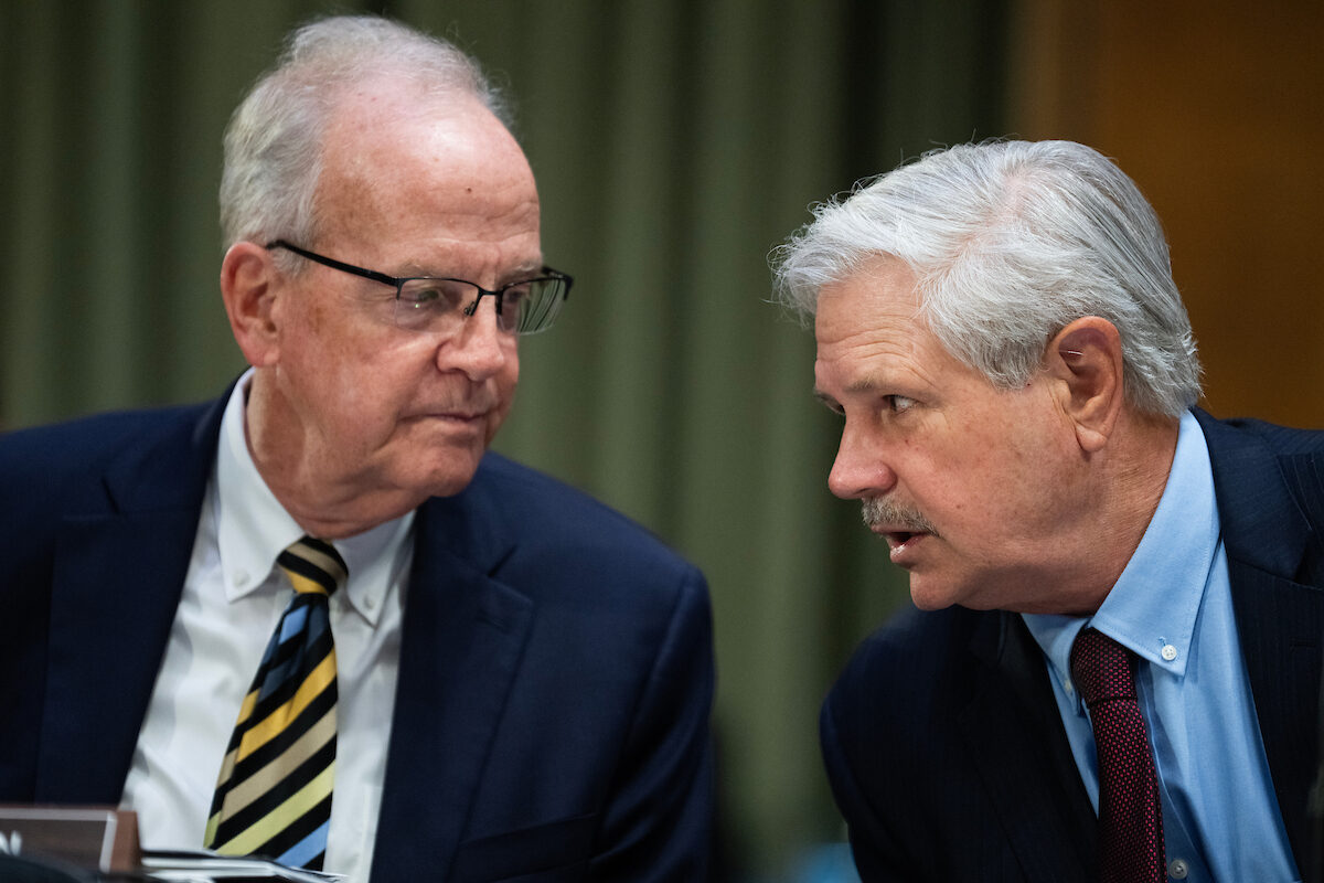 Sens. Jerry Moran, R-Kan., left, and John Hoeven, R-N.D., said the Senate might combine all remaining House-passed bills in a single package. 