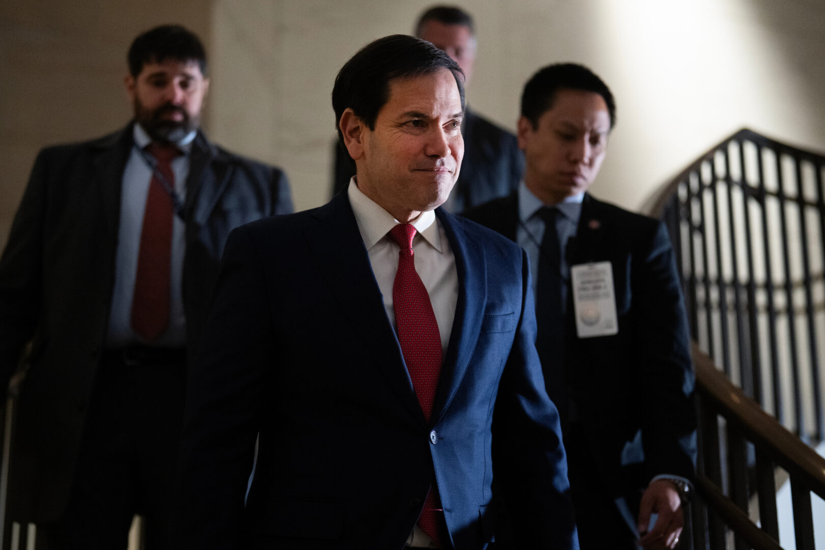 Secretary of State Marco Rubio arrives at the Capitol Visitor Center on Monday to brief House and Senate leaders about the arrest of Venezuelan President Nicolás Maduro.