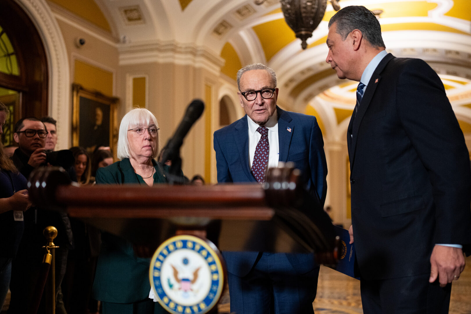 From left, Sen. Patty Murray, Senate Minority Leader Charles E. Schumer and Sen. Alex Padilla hold Senate Democrats’ news conference in the Capitol on Wednesday.