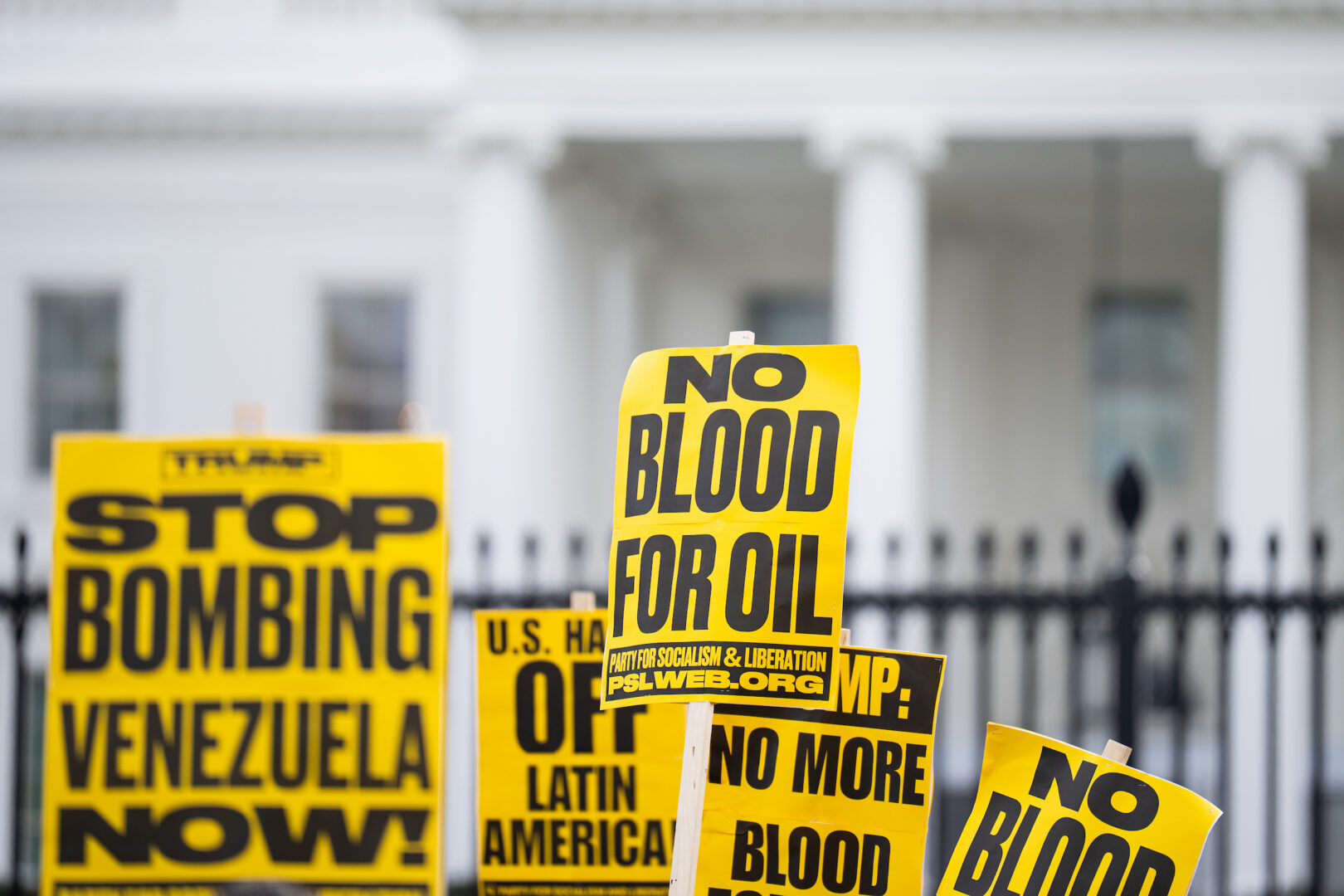 Protesters gathered at the White House on Saturday after news broke of the ouster of Venezuelan strongman Nicolás Maduro.