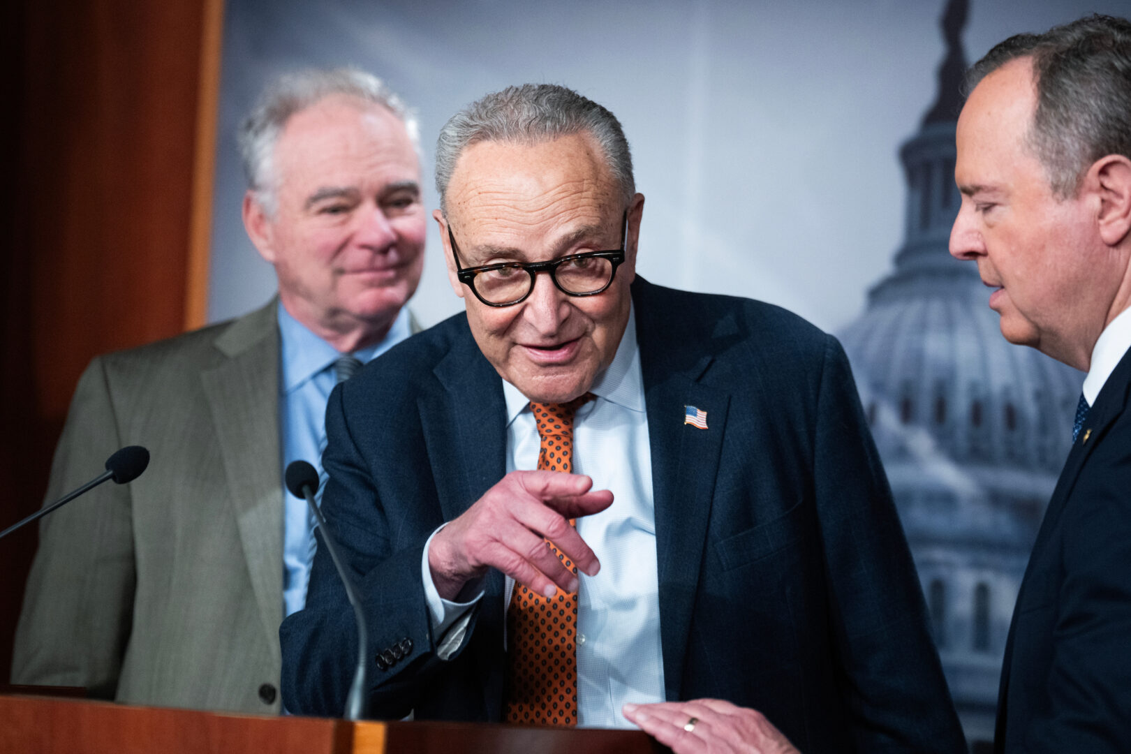 Senate Minority Leader Charles Schumer, D-N.Y., Sens. Tim Kaine, D-Va., left, and Adam Schiff, D-Calif., conduct a news conference in the U.S. Capitol on Thursday, Jan. 8, 2026. 