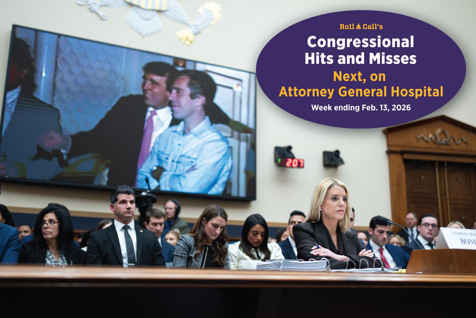 A video of President Donald Trump and Jeffrey Epstein plays during Attorney General Pamela Bondi’s testimony to the House Judiciary Committee hearing on Wednesday.