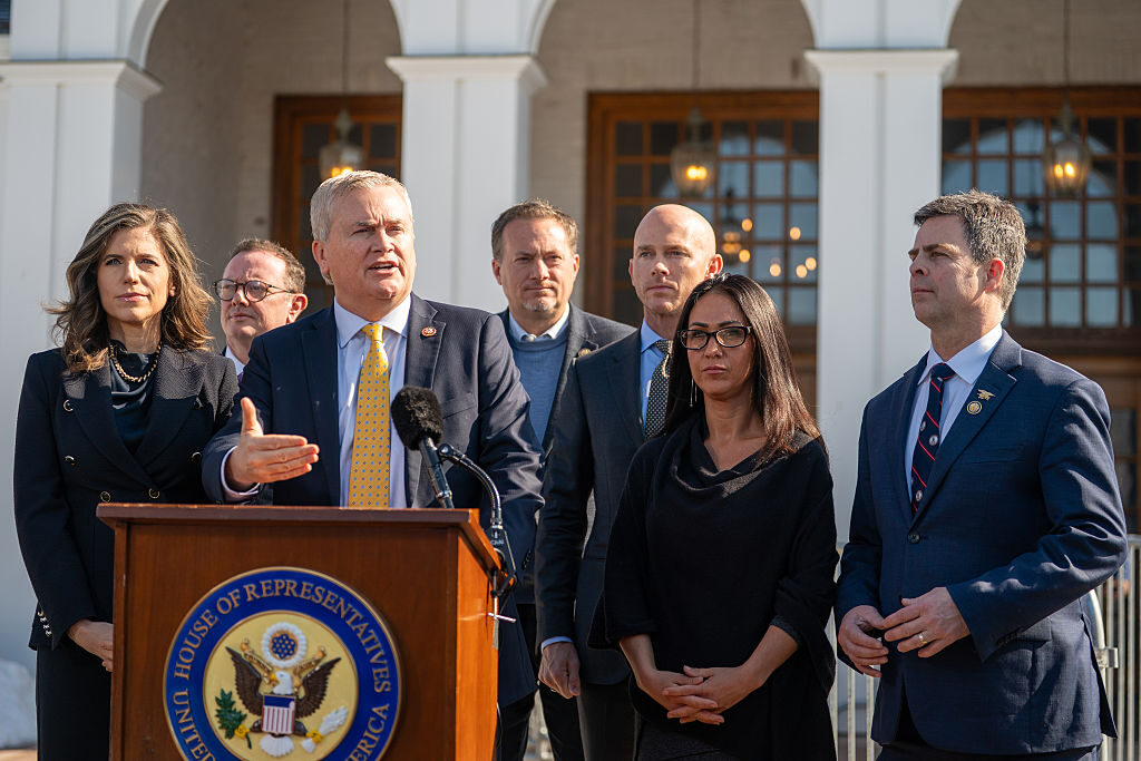 House Oversight and Government Reform Chairman James R. Comer, R-Ky., joined by Republican members of the committee, speaks to members of the media Thursday while arriving for a closed-door deposition with former  Secretary of State Hillary Clinton at the Chappaqua Performing Arts Center in Chappaqua, N.Y.
