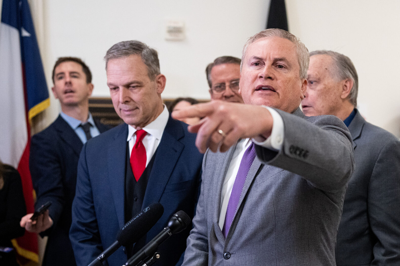 Chairman Rep. James R. Comer, R-Ky., second from right, flanked by Rep. Scott Perry, R-Pa., Rep. Tim Burchett, R-Tenn., and Rep. Andy Biggs, R-Ariz., speaks to reporters after former Secretary of State Hillary Clinton did not appear for her deposition before the House Oversight and Government Reform Committee last month. 