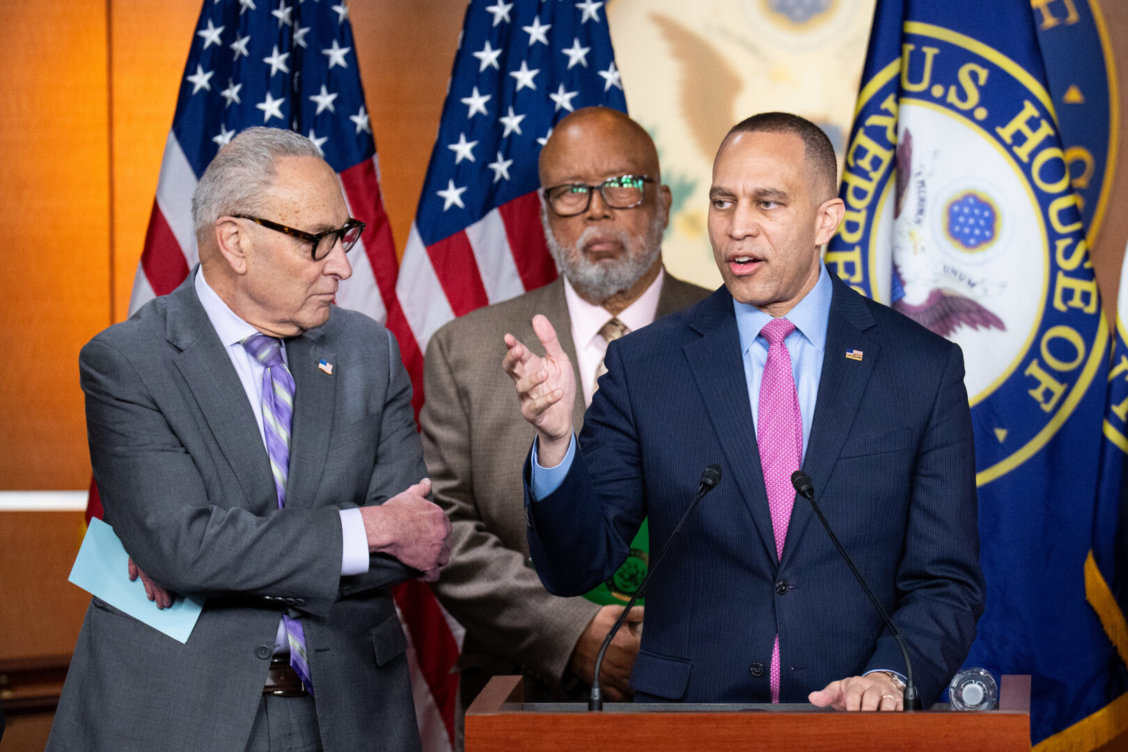 Senate Minority Leader Charles E. Schumer, D-N.Y., left, listens to House Minority Leader Hakeem Jeffries, D-N.Y., speak during a news conference Wednesday. Also pictured is Rep. Bennie Thompson of Mississippi, the House Homeland Security panel's top Democrat.