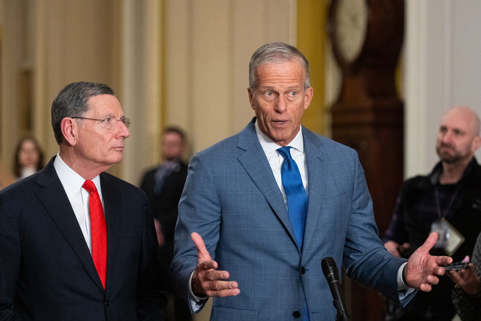 Senate Majority Leader John Thune, R-S.D., speaks as Sen. John Barrasso, R-Wyo., listens during the Senate Republicans’ news conference in the Capitol on Wednesday.