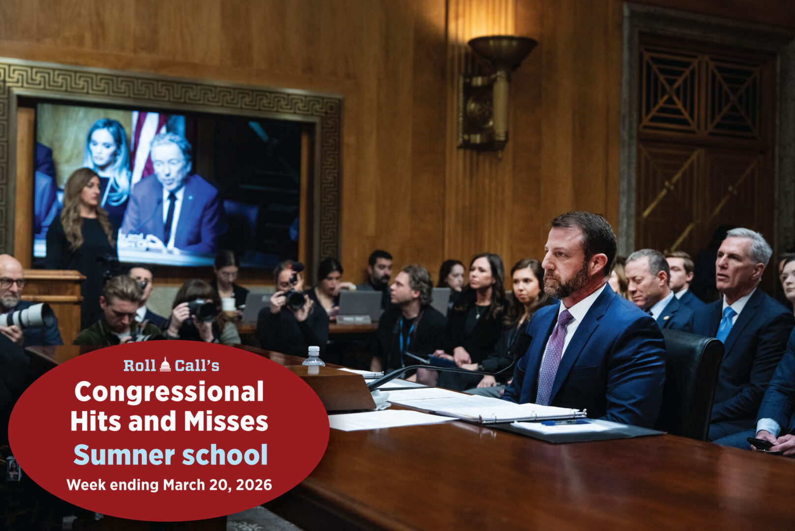Sen. Markwayne Mullin, R-Okla., nominee to be Homeland Security secretary, listens to Chairman Rand Paul make an open statement during his Senate Homeland Security and Governmental Affairs Committee confirmation hearing on Wednesday.