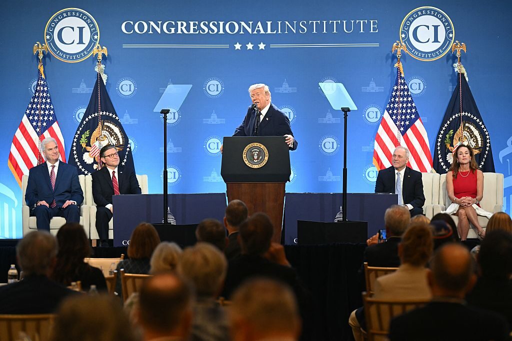 President Donald Trump speaks during a House Republican policy retreat at Trump National Doral in Florida on Monday. (Saul Loeb / AFP via Getty Images)