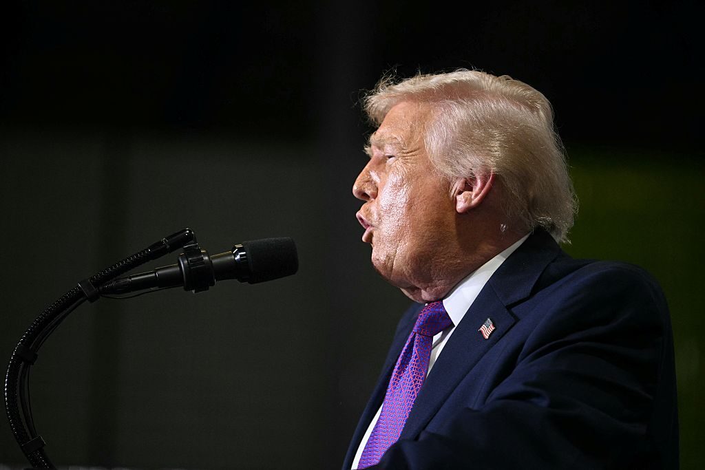 President Donald Trump speaks at Verst Logistics in Hebron, Ky., on Wednesday. (Jim Watson/AFP via Getty Images)