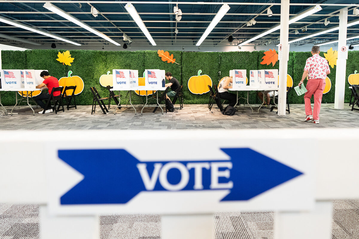 Voters fill out their ballots at The PARC at Tysons community center in Vienna, Va., in 2024. 