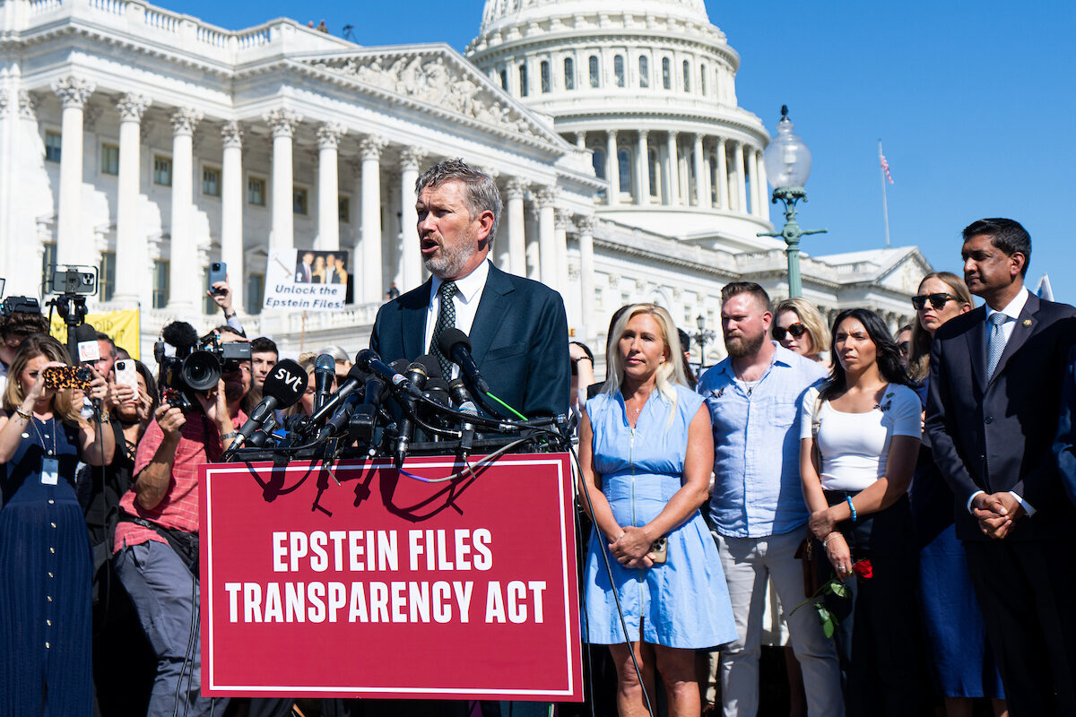 Rep. Thomas Massie, R-Ky., former Rep. Marjorie Taylor Greene, R-Ga., and Rep. Ro Khanna, D-Calif., hold a news conference with Jeffrey Epstein survivors on Sept. 3, 2025. 