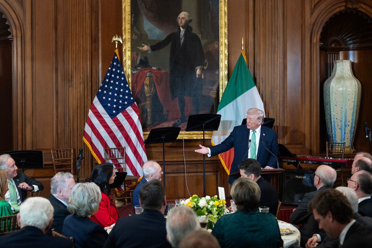 President Donald Trump speaks during the annual Friends of Ireland luncheon with Irish Taoiseach Micheál Martin at the U.S. Capitol on Tuesday. (Tom Williams/CQ Roll Call)