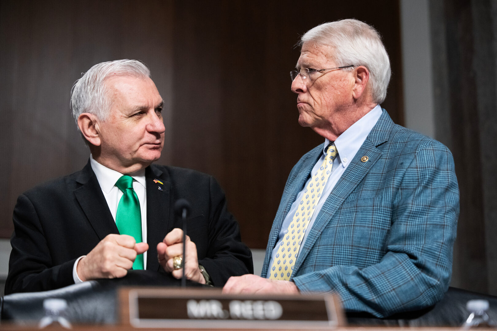 Chairman Roger Wicker, R-Miss., right, and ranking member Jack Reed, D-R.I., prepare for a Senate Armed Services Committee hearing in the Dirksen Senate Office Building on Thursday.
