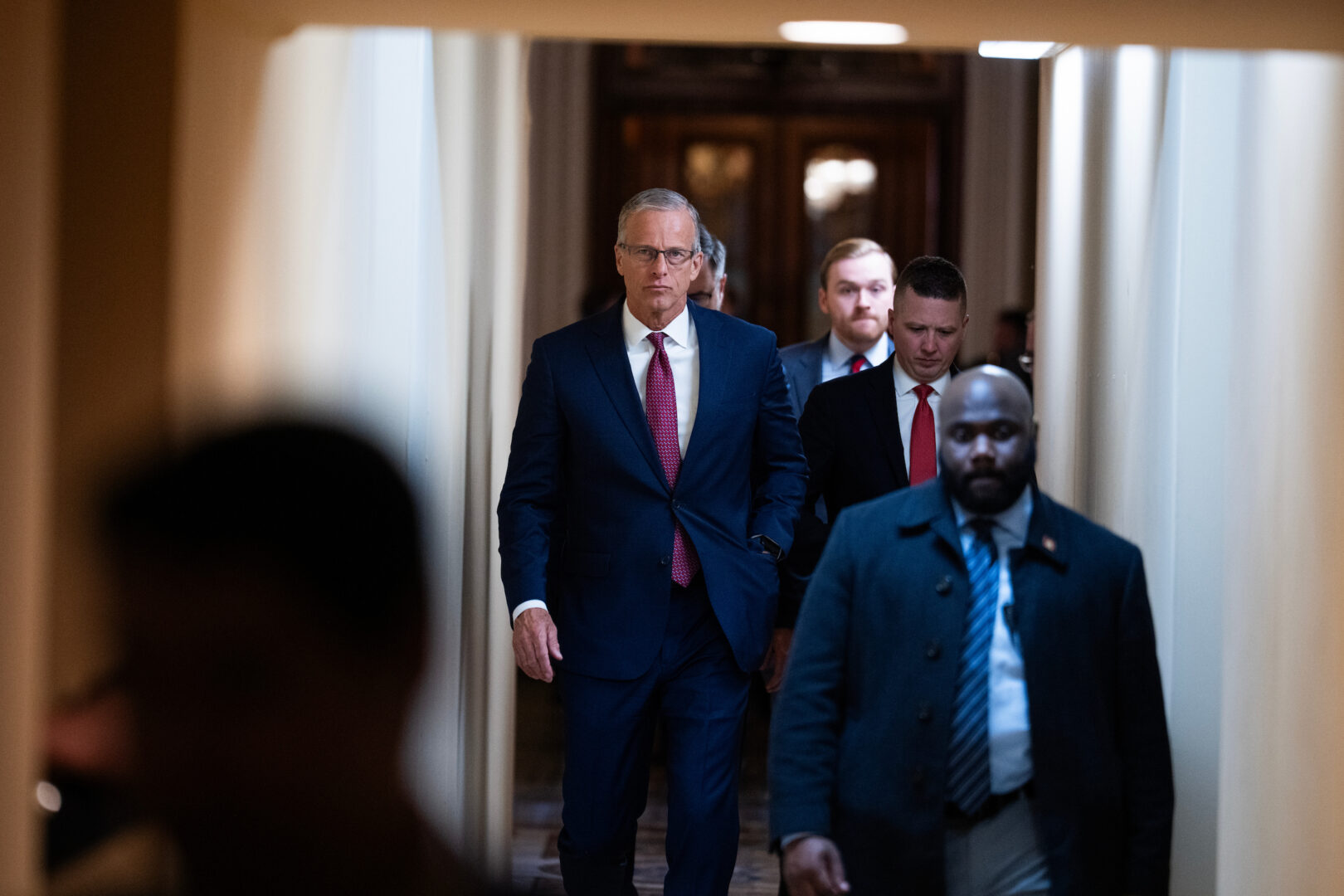 Senate Majority Leader John Thune, R-S.D., leaves the Republican Senate luncheon in the U.S. Capitol on Tuesday, March 3, 2026. 