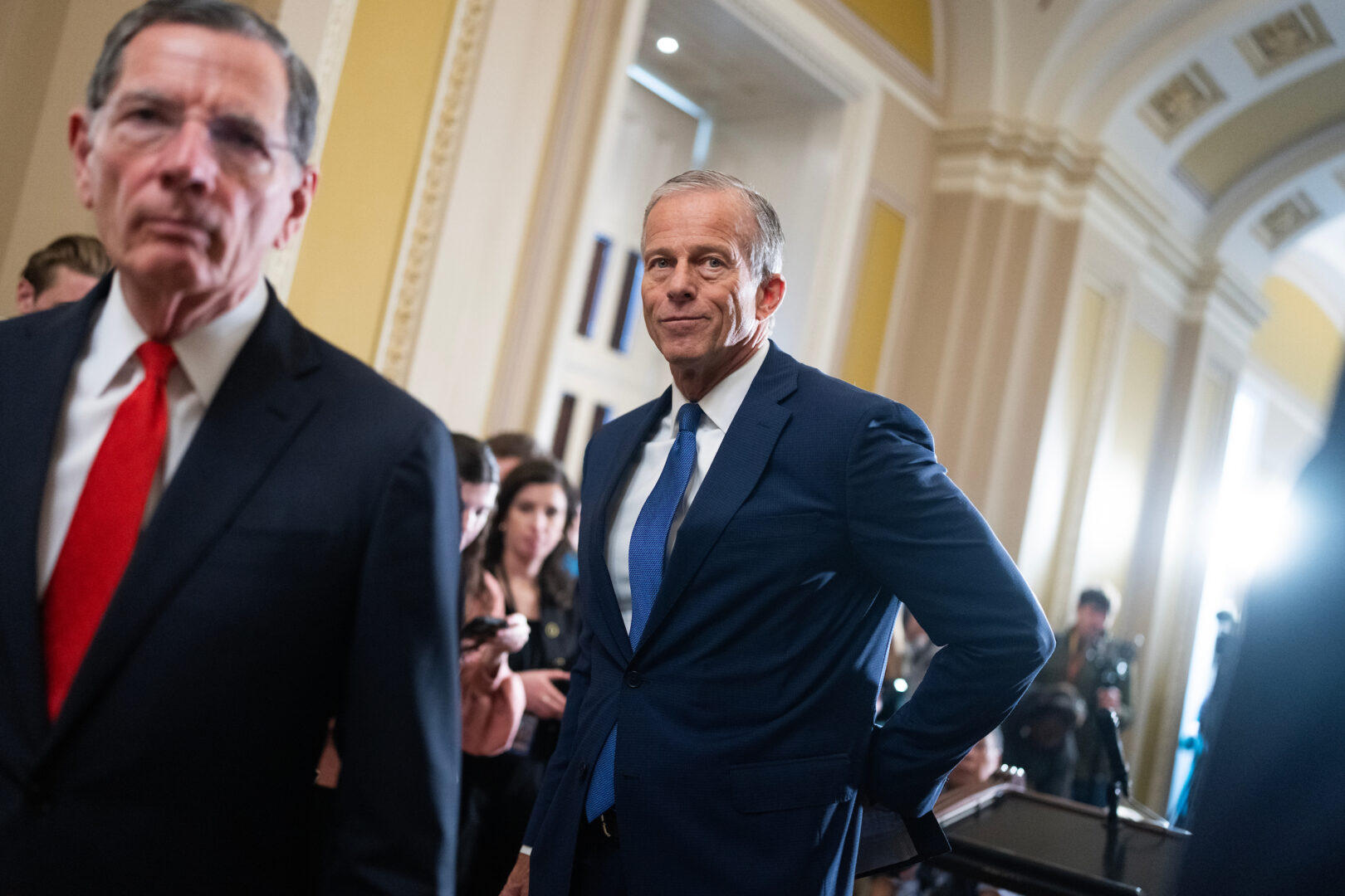 Senate Majority Leader John Thune and Whip John Barrasso conclude a news conference at the Capitol on Tuesday. 