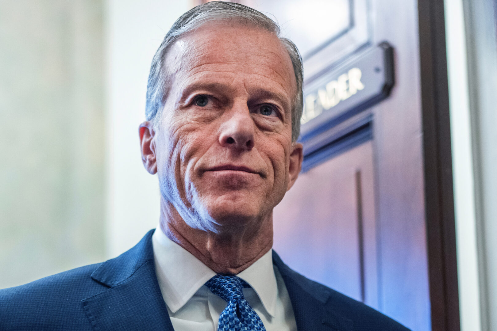 Senate Majority Leader John Thune, R-S.D., talks with reporters after the Senate luncheons in the Capitol on Feb. 3. (Tom Williams/CQ Roll Call)