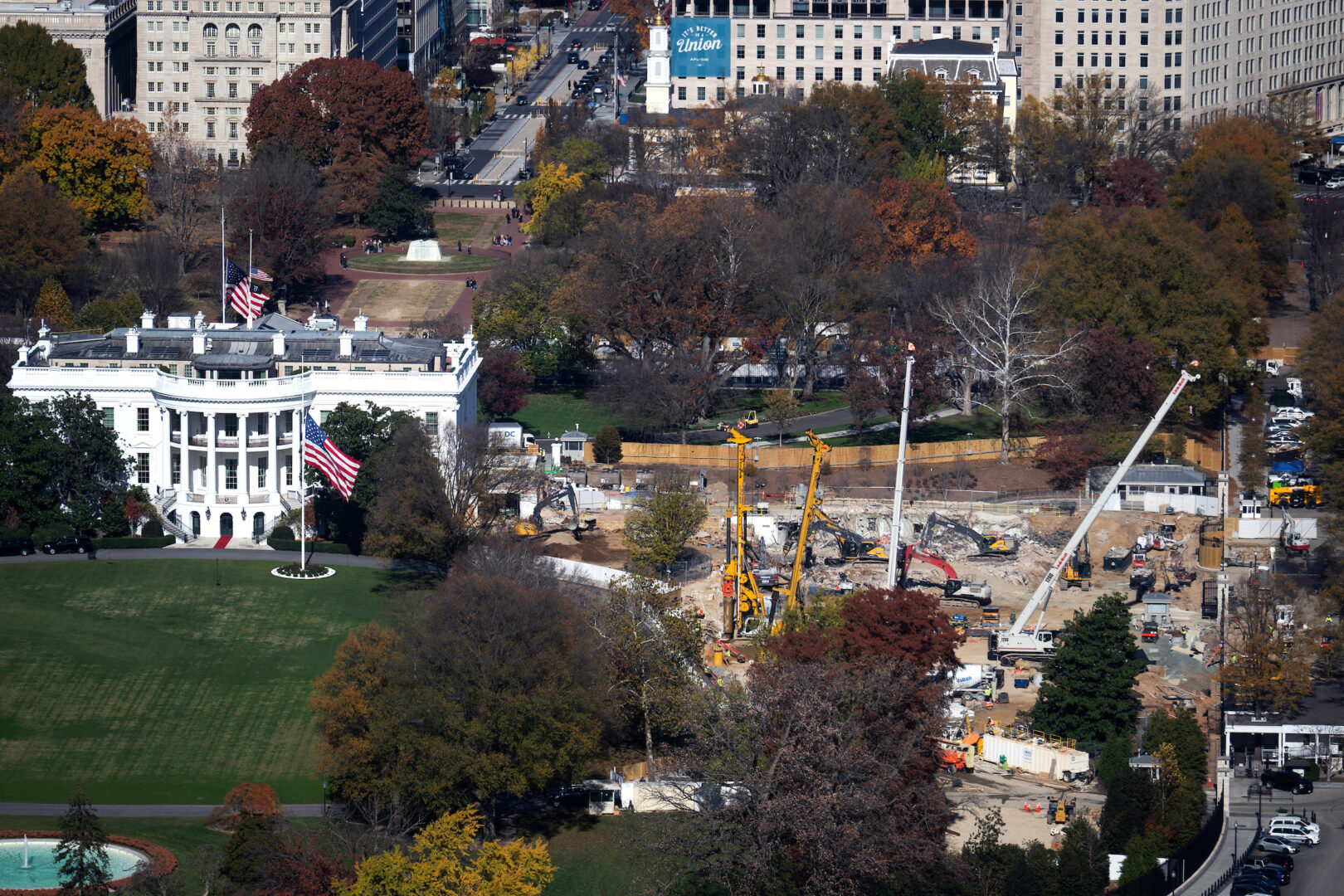 The ballroom construction project at the White House is seen from the top of the Washington Monument on Nov. 17, 2025. (Tom Williams/CQ Roll Call)