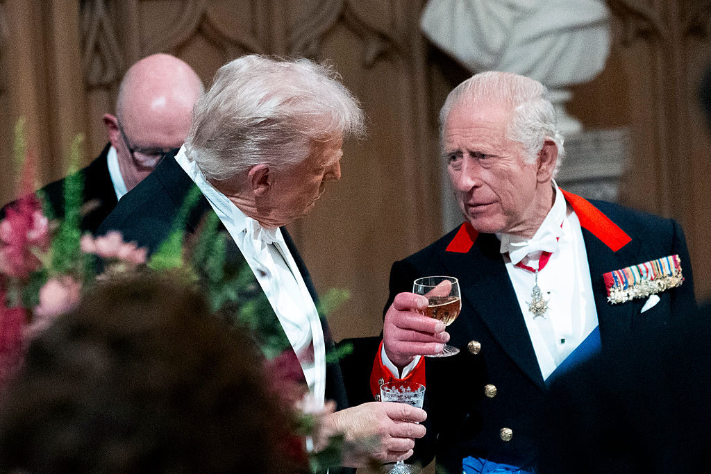 King Charles III has been invited to speak at the Capitol during his visit to the U.S. in April. Above, he talks with President Donald Trump at a banquet in the U.K. in September 2025.  