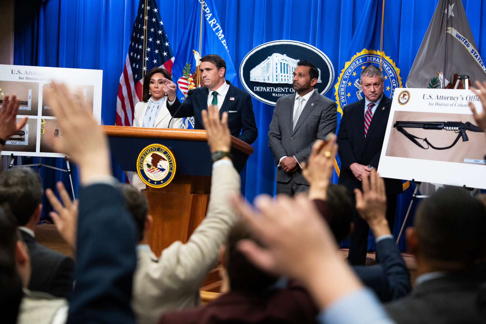 From left, U.S. Attorney Jeanine Pirro, acting Attorney General Todd Blanche, FBI Director Kash Patel, and FBI Washington Field Office Assistant Director in Charge Darren B. Cox conduct a news conference at the Department of Justice on Monday about the suspect in the White House Correspondents' Dinner shooting incident. (Tom Williams/CQ Roll Call)